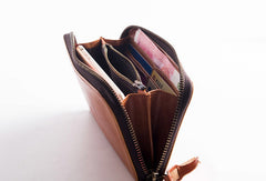 Cool Leather mens bifold long wallet leather zipper clutch wallet for men