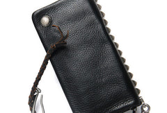 Leather biker trucker wallet leather chain men Black zip chain long wallet - EverHandmade