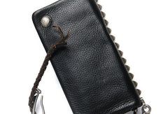 Leather biker trucker wallet leather chain men Black zip chain long wallet