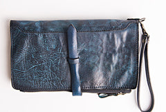Handmade folded long wallet leather men phone zip clutch vintage wallet for men