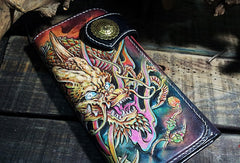 Handmade leather Biker trucker long Chinese dragon wallet leather  men Black Carved Tooled wallet - EverHandmade