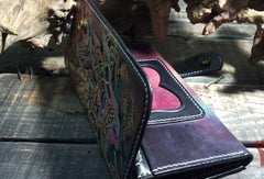 Handmade leather Biker trucker long Chinese dragon wallet leather  men Black Carved Tooled wallet - EverHandmade