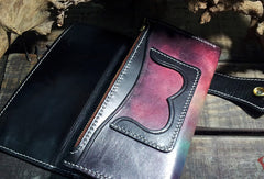 Handmade leather Biker trucker long Chinese dragon wallet leather  men Black Carved Tooled wallet