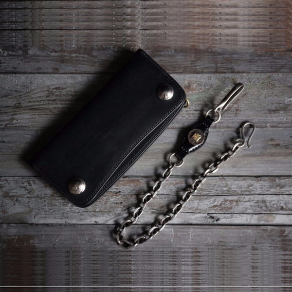 Handmade leather biker trucker wallet leather chain men Cool Black long wallet