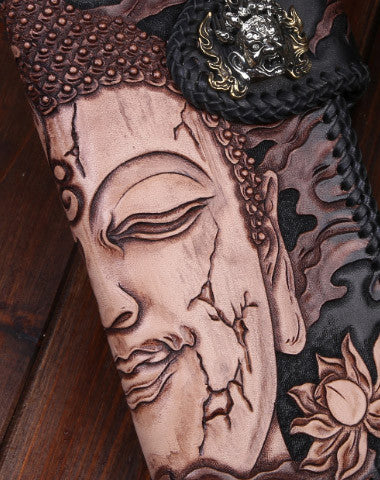 Handmade leather Long biker trucker wallet leather chain men Buddha black wallet - EverHandmade