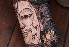 Handmade leather Long biker trucker wallet leather chain men Buddha black wallet