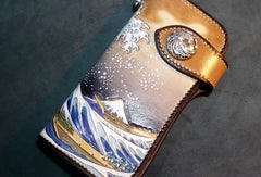 Handmade leather biker trucker wallet leather chain men Kanagawa wave Carved Tooled wallet - EverHandmade