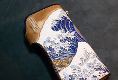 Handmade leather biker trucker wallet leather chain men Kanagawa wave Carved Tooled wallet - EverHandmade