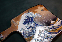 Handmade leather biker trucker wallet leather chain men Kanagawa wave Carved Tooled wallet - EverHandmade
