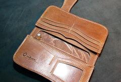 Handmade leather biker trucker wallet leather chain men Kanagawa wave Carved Tooled wallet - EverHandmade