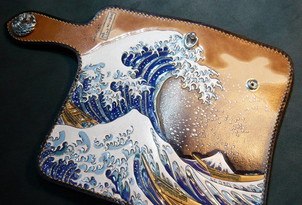 Handmade leather biker trucker wallet leather chain men Kanagawa wave Carved Tooled wallet - EverHandmade