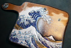Handmade leather biker trucker wallet leather chain men Kanagawa wave Carved Tooled wallet