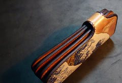 Handmade leather biker trucker wallet leather chain men Kanagawa wave Carved Tooled wallet - EverHandmade