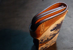 Handmade leather biker trucker wallet leather chain men Kanagawa wave Carved Tooled wallet - EverHandmade