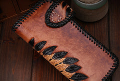 Handmade leather Long biker trucker wallet leather chain men indian Black Carved Tooled wallet