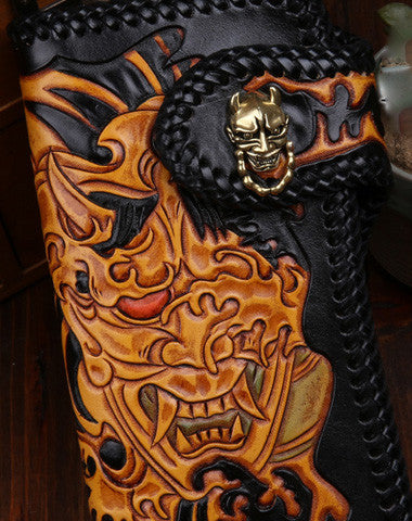 Handmade leather biker trucker wallet leather chain men prajna Black Carved Tooled wallet