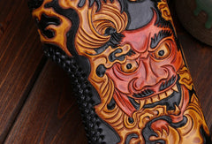 Handmade leather biker trucker wallet leather chain men prajna Black Carved Tooled wallet
