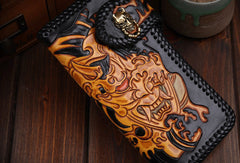Handmade leather biker trucker wallet leather chain men prajna Black Carved Tooled wallet