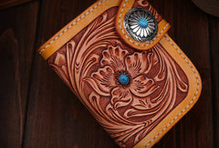 Handmade billfold leather biker trucker japanese general wallet leather chain men Black Carved Tooled wallet - EverHandmade