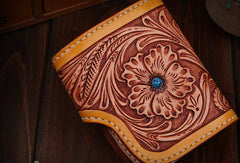 Handmade billfold leather biker trucker japanese general wallet leather chain men Black Carved Tooled wallet - EverHandmade