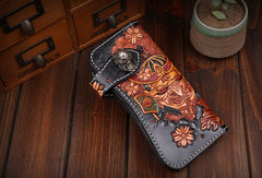 Handmade leather Long biker trucker japanese general wallet leather men chain Black Carved Tooled wallet - EverHandmade