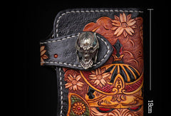 Handmade leather Long biker trucker japanese general wallet leather men chain Black Carved Tooled wallet - EverHandmade