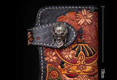 Handmade leather Long biker trucker japanese general wallet leather men chain Black Carved Tooled wallet
