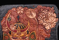 Handmade leather Long biker trucker japanese general wallet leather men chain Black Carved Tooled wallet - EverHandmade