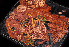 Handmade leather Long biker trucker japanese general wallet leather men chain Black Carved Tooled wallet - EverHandmade