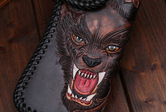 Handmade leather Long biker trucker wolf wallet leather chain men Black Carved Tooled wallet