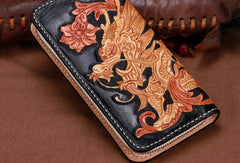 Handmade leather Long Black Chinese Dragon wallet leather men clutch Tooled wallet - EverHandmade