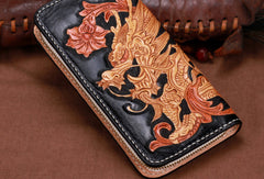 Handmade leather Long Black Chinese Dragon wallet leather men clutch Tooled wallet