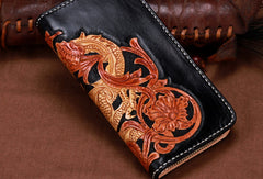 Handmade leather Long Black Chinese Dragon wallet leather men clutch Tooled wallet