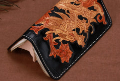 Handmade leather Long Black Chinese Dragon wallet leather men clutch Tooled wallet