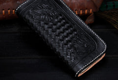 Handmade Tooled Long leather Black floral wallet leather men clutch Tooled wallet - EverHandmade