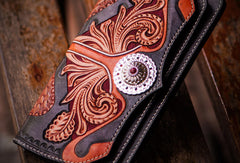 Handmade leather long tooled wallet Black floral men clutch wallet - EverHandmade