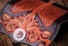 Handmade leather long tooled wallet Black floral men clutch wallet - EverHandmade