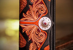 Handmade leather long tooled wallet Black floral men clutch wallet - EverHandmade