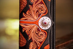 Handmade leather long tooled wallet Black floral men clutch wallet