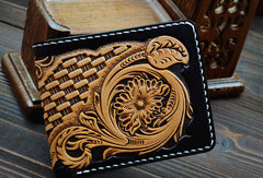Handmade vintage black yellow leather floral billfold wallet purse tooled for men
