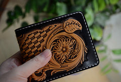 Handmade vintage black yellow leather floral billfold wallet purse tooled for men