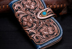 Handmade leather Blue Floral women wallet leather men  clutch Tooled wallet