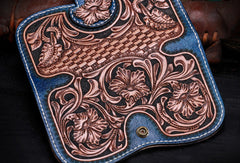 Handmade leather Blue Floral women wallet leather men  clutch Tooled wallet