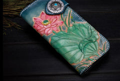 Handmade leather biker trucker blue lotus wallet leather chain men Black Tooled wallet - EverHandmade