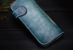 Handmade leather biker trucker blue lotus wallet leather chain men Black Tooled wallet - EverHandmade