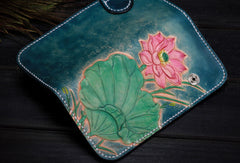 Handmade leather biker trucker blue lotus wallet leather chain men Black Tooled wallet - EverHandmade
