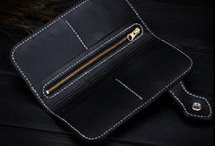Handmade leather biker trucker blue lotus wallet leather chain men Black Tooled wallet - EverHandmade
