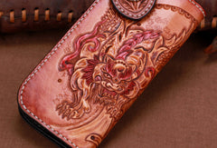 Handmade leather biker trucker brown lion wallet leather chain men Black Tooled wallet