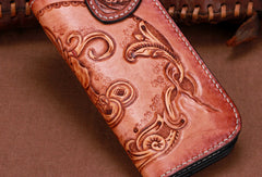 Handmade leather biker trucker brown lion wallet leather chain men Black Tooled wallet