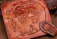 Handmade leather biker trucker brown lion wallet leather chain men Black Tooled wallet